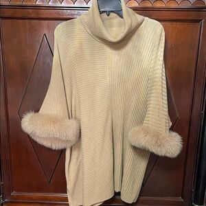 NWOT $400 Sofia Cashmere Camel Turtleneck Sweater with Fox Trim sleeves